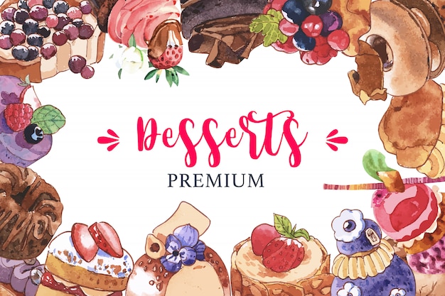 Free vector dessert frame design with cupcake, berries tart, chocolate cake watercolor illustration.