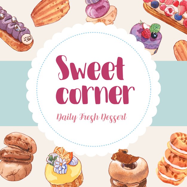 Десерт дизайн рамы с кекс, печенье, пончик Акварельные иллюстрации.