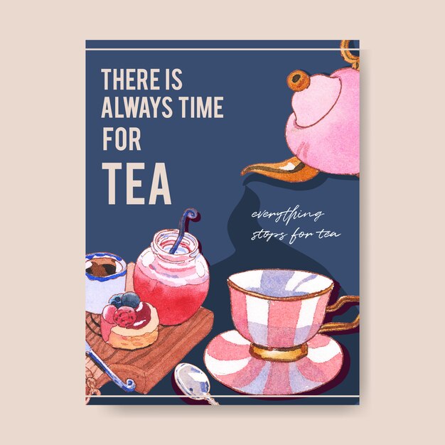 Free vector dessert poster design with tea time, jam, chocolate, coffee, cheesecake watercolor illustration.