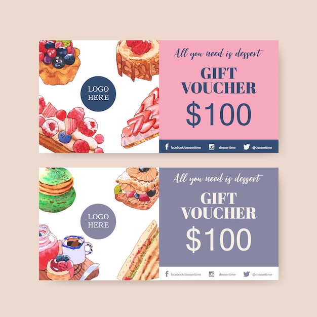 Free vector dessert voucher design with bread, strawberry tart, sandwich watercolor illustration.