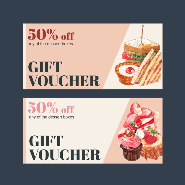 Free vector dessert voucher design with sandwich, tart, strawberry cake watercolor illustration.