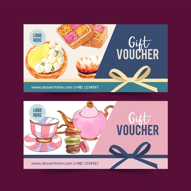 Dessert voucher design with teapot, cookie, macarons watercolor illustration.