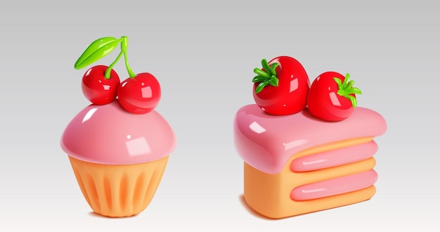 デザート クリームとストロベリーとチェリーのカップケーキの層状ケーキの3dピースのベクトルイラストセット ピンクのパステルケーキをグラスとベリーで飾った 甘い焼き物