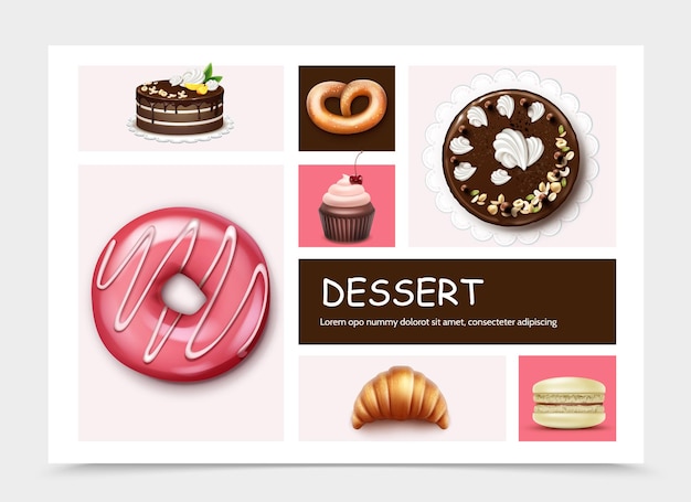 Desserts and cakes infographic template with pie donut cupcake macaroon croissant pretzel in realistic style illustration
