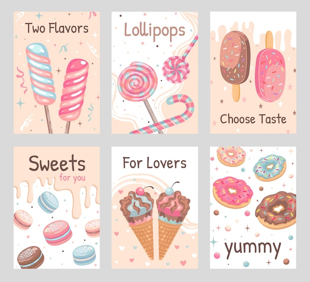 Desserts flyers set. Candies, donuts, ice cream horns, macaroons  illustrations