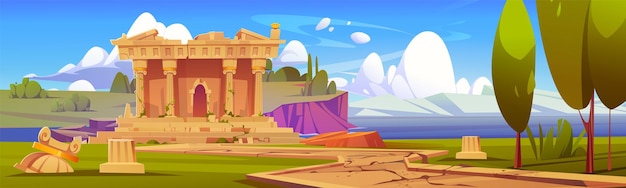 Free vector destroyed ancient greek temple on summer landscape