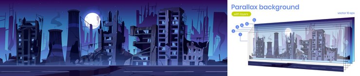 Бесплатный Вектор разрушенные здания на улице города после войны или стихийного бедствия ночью. векторный фон параллакса с мультяшным городским пейзажем с заброшенными разбитыми домами с дымом, потрескавшейся дорогой и луной в небе