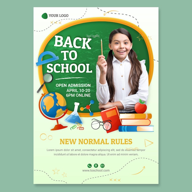 Detailed back to school vertical flyer template with photo
