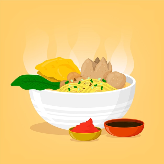 Detailed bakso in bowl illustrated