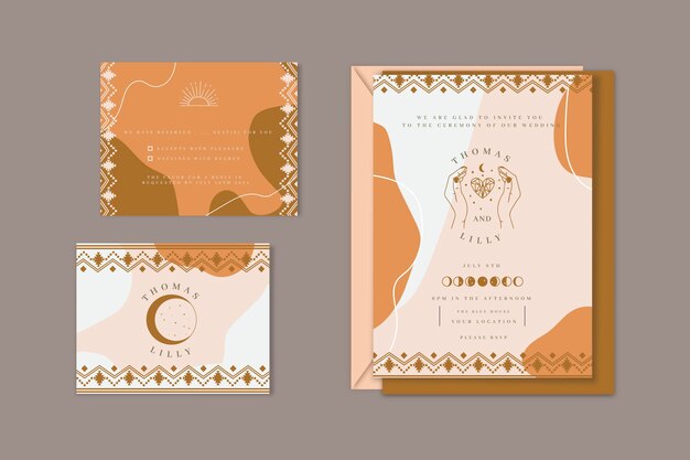 Free vector detailed boho wedding stationery collection