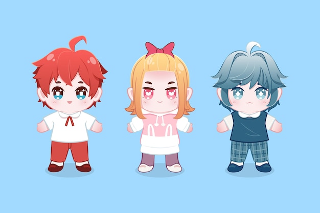 Бесплатное векторное изображение Подробный набор персонажей аниме чиби