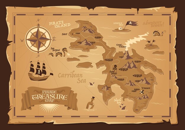 海賊の宝の地図手描きイラスト 無料のベクター