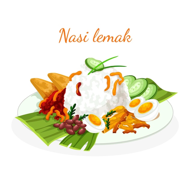 Detailed nasi lemak food illustrated