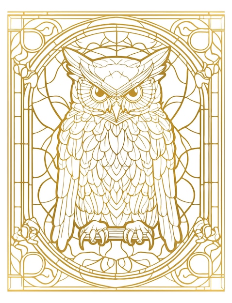 Detailed stained glass window pattern of owl