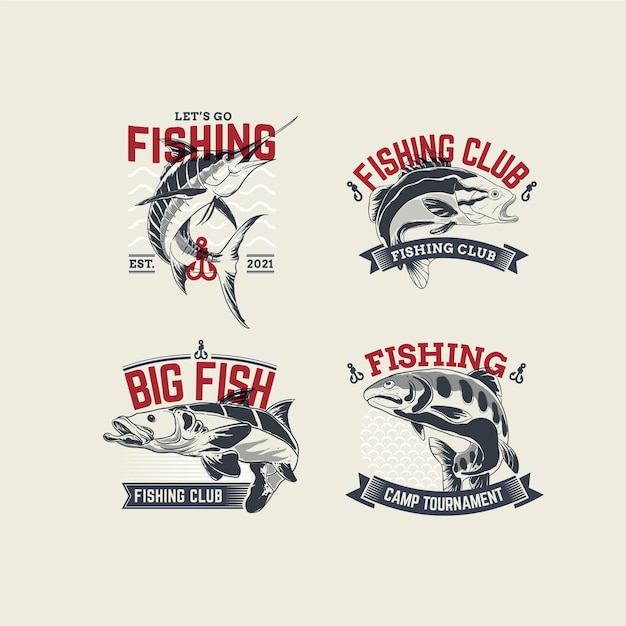 Vettore gratuito collezione dettagliata di badge da pesca vintage