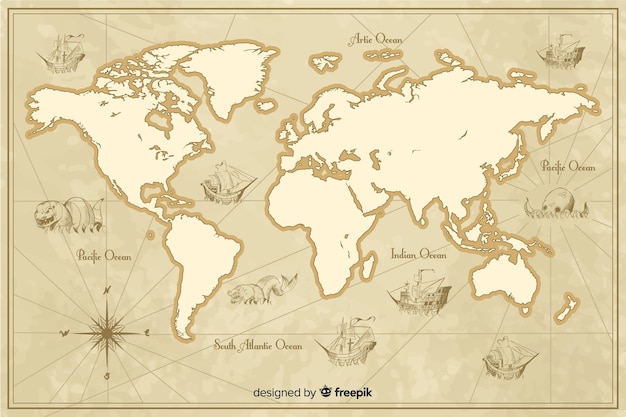 Vettore gratuito tema dettagliato della mappa del mondo vintage