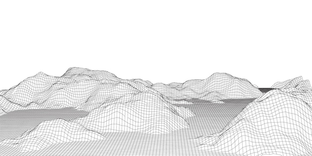 Detailed wireframe terrain landscape in black and white