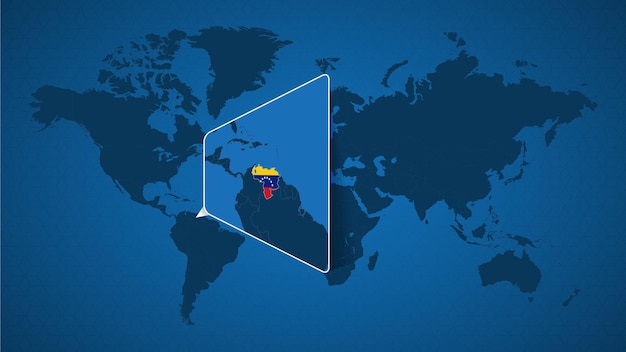 ベネズエラと近隣諸国の拡大地図を固定した詳細な世界地図。ベネズエラの旗と地図。