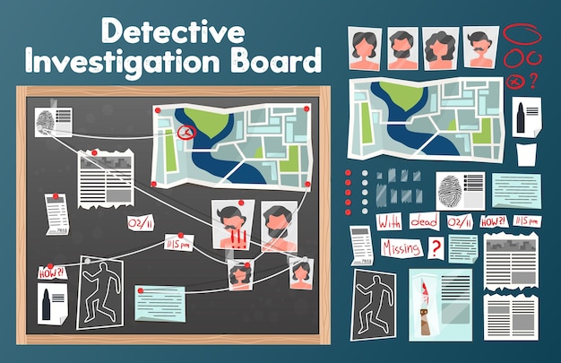 Free vector detective board set with text and isolated images of pins photographs of suspects with newspaper clippings