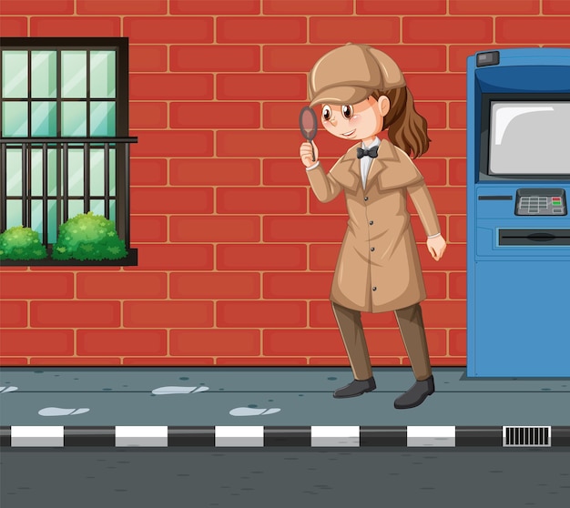 Free vector detective looking for clues with magnifying glass in scene