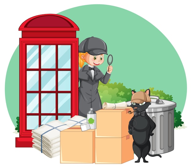 Free vector detective looking for clues with magnifying glass on white backg
