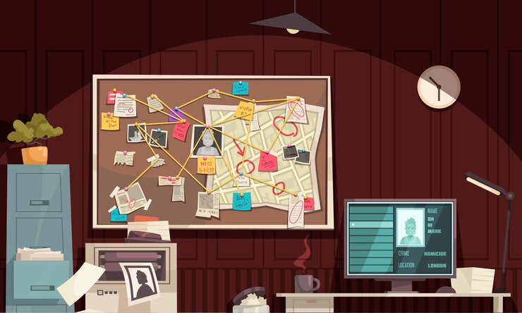 Free Vector detective office interior flat cartoon composition with crime scene diagram board computer monitor criminal profile illustration
