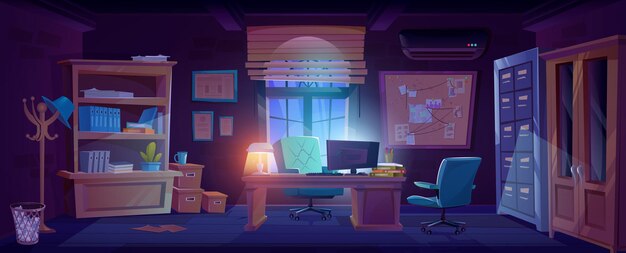 Detective room or police office interior at night