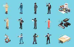 Free vector detective spy special agent isometric set with male and female human characters weapons and equipment for surveillance isolated on blue background 3d vector illustration