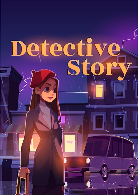Vettore gratuito poster di cartone animato di detective story giovane donna sulla strada piovosa di notte
