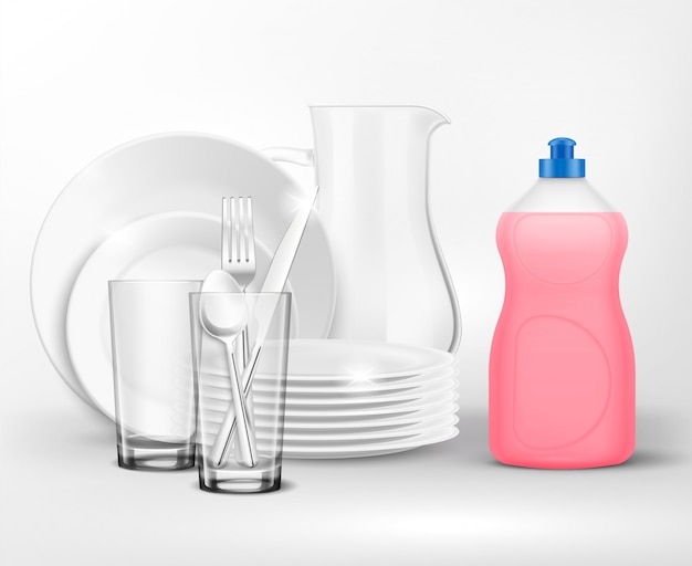 無料ベクター 洗剤のボトルは、食器用洗剤のプラスチックボトルが付いた現実的なプレートと食器を備えた食器洗浄組成物を洗浄します。