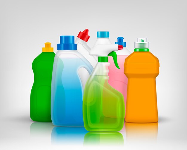 Detergent color bottles composition with realistic images of colorful bottles filled with washing soap with shadows