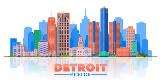 無料ベクター 白い背景の上のデトロイトミシガン州の都市のスカイラインのベクトル図モダンな建物とビジネス旅行と観光の概念プレゼンテーションバナーのwebサイトの画像