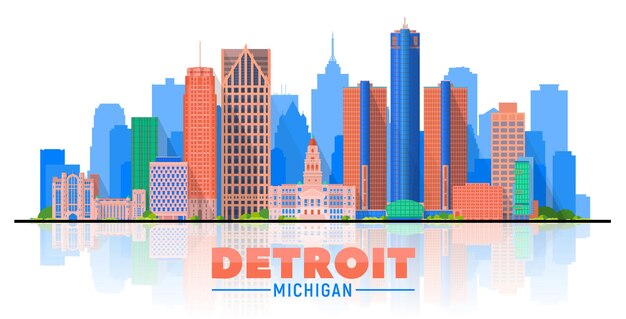 白い背景の上のデトロイトミシガン州の都市のスカイラインのベクトル図モダンな建物とビジネス旅行と観光の概念プレゼンテーションバナーのWebサイトの画像