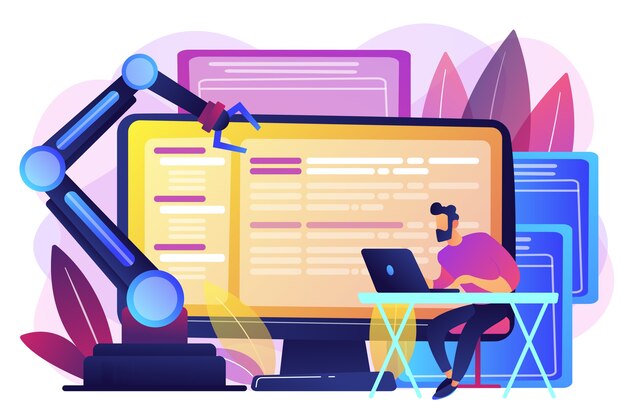 Developer at laptop and computer with open robotic soft. Open automation architecture, open source robotics soft, free development concept. Bright vibrant violet  isolated illustration