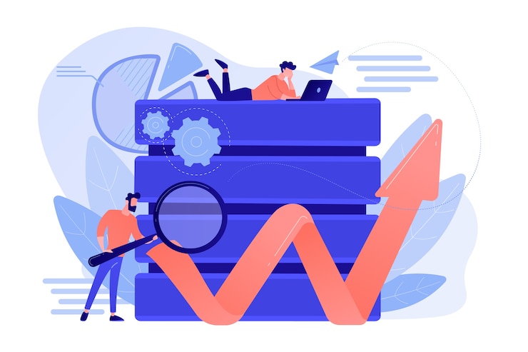 Free Vector developer with magnifying glass working with big data and zigzag arrow. digital analytics tools, data storage and software engineering concept. vector isolated illustration.