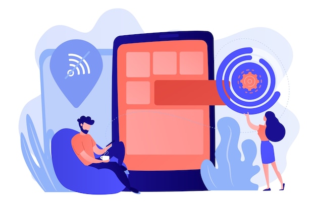 Developer working on web app on smartphone, user offline, tiny people. progressive web app, working offline web, pwa application development concept