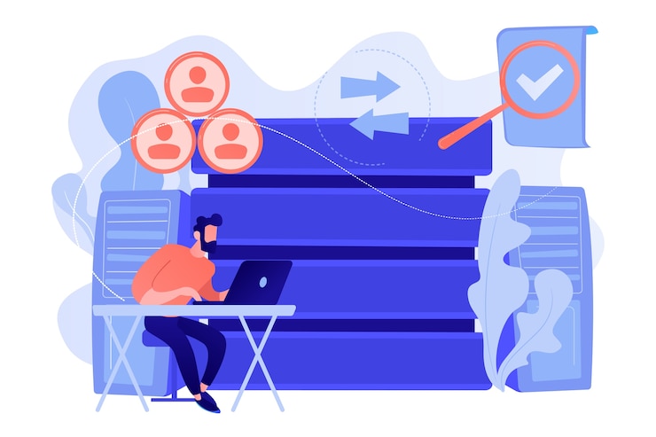 Free Vector developer working with management information system. information system security and integrity, big data, financial information organization concept. vector isolated illustration.