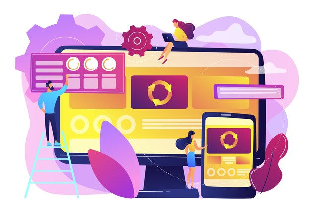 Крошечные люди, разработчики компьютеров и смартфонов, работающие над одностраничным приложением. Одностраничное приложение, веб-страница SPA, концепция тенденции веб-разработки. Яркие яркие фиолетовые изолированные иллюстрации