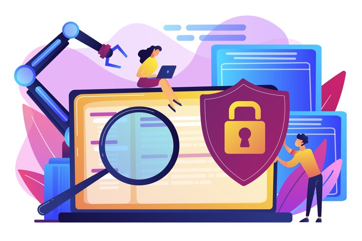 Free Vector developers, robot work at laptop with magnifier. industrial cybersecurity, industrial robotics malware, safeguarding of industrial robotics concept. bright vibrant violet  isolated illustration