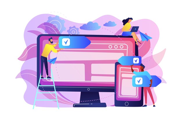 Разработчики используют программное обеспечение на нескольких устройствах. Кросс-платформенное программное обеспечение, концепция мультиплатформенного и независимого от платформы программного обеспечения на белом фоне. Яркие яркие фиолетовые изолированные иллюстрации