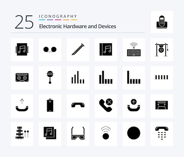 Devices 25 solid glyph icon pack including audio keyboard instrument hardware media