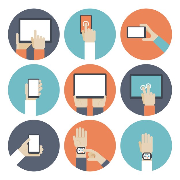 devices in hand, using touch screen. smart watch, ebook and monitor, touchpad and gadget, smartphone and tablet.