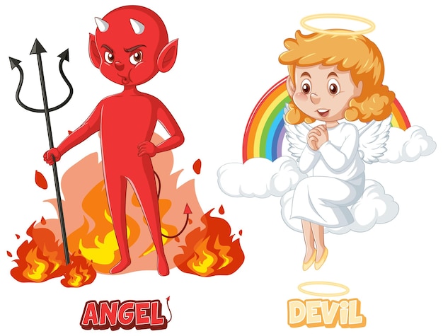 Vettore gratuito personaggio dei cartoni animati di diavolo e angelo su sfondo bianco