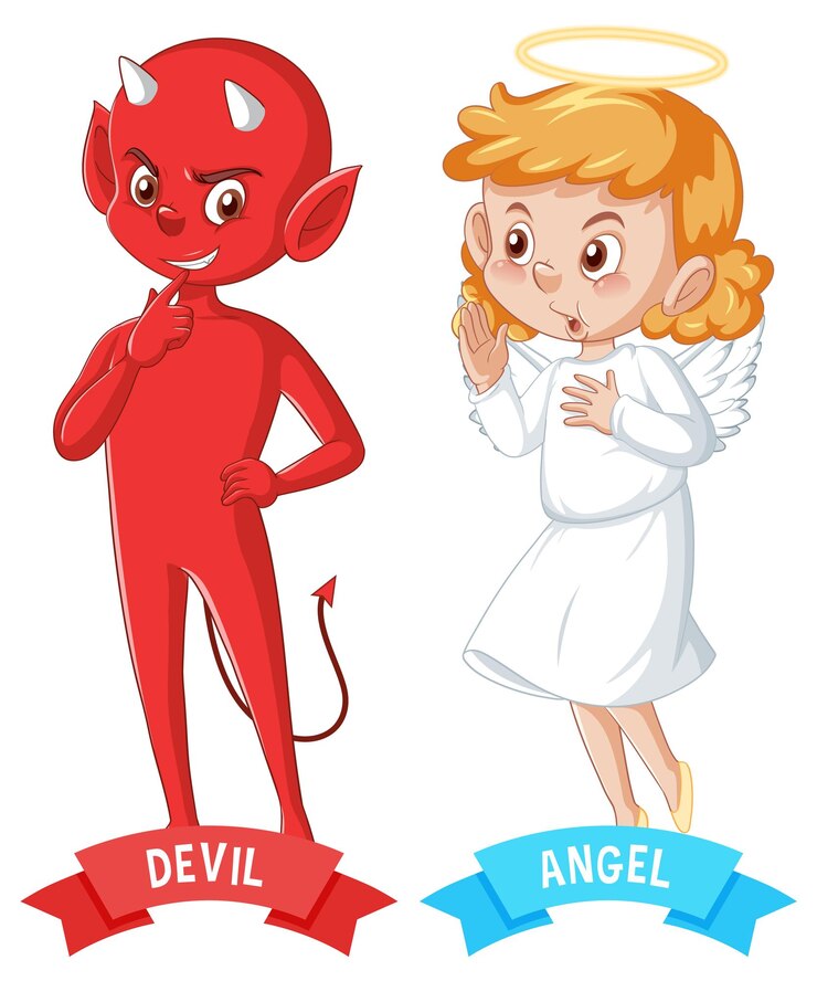 Free Vector devil and angel cartoon character on white background