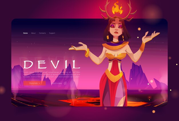 뿔과 불을 가진 아름 다운 여자와 악마 배너. 뜨거운 용암과 바위, 소녀 악마가 있는 지옥 풍경의 판타지 만화 삽화가 있는 벡터 방문 페이지