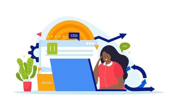 Devops инженерная плоская композиция с чернокожей женщиной, занимающейся разработкой программного обеспечения для векторной иллюстрации дизайна веб-страницы