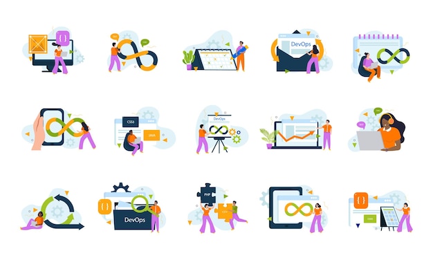 Free vector devops engineering flat icons with male and female programmers and system administrators working with code isolated vector illustration