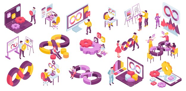 Devops инженерный изометрический набор с цветным символом бесконечности шестеренки персонажей программистов за работой 3d изолированная векторная иллюстрация