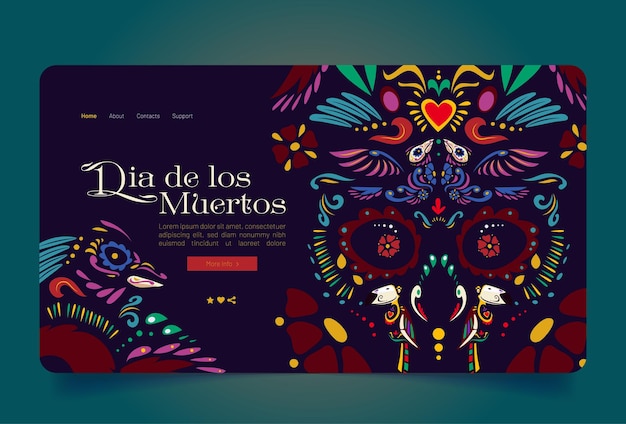 Dia de los muertos 배너에는 꽃, 심장, 새가 있는 멋진 해골 무늬가 있습니다. 전통적인 멕시코 민족 인쇄의 만화 삽화와 함께 멕시코에서 죽은 날의 벡터 방문 페이지
