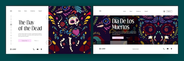 Dia de los muertos banners with fancy print of skull with flowers, hearts, cat and birds skeletons. vector landing pages of day of dead in mexico with cartoon traditional mexican pattern